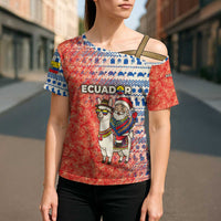 Ecuador Christmas Cross Shoulder Shirt with Santa Riding Llama Traditional Patterns and Rose Design - Wonder Print Shop