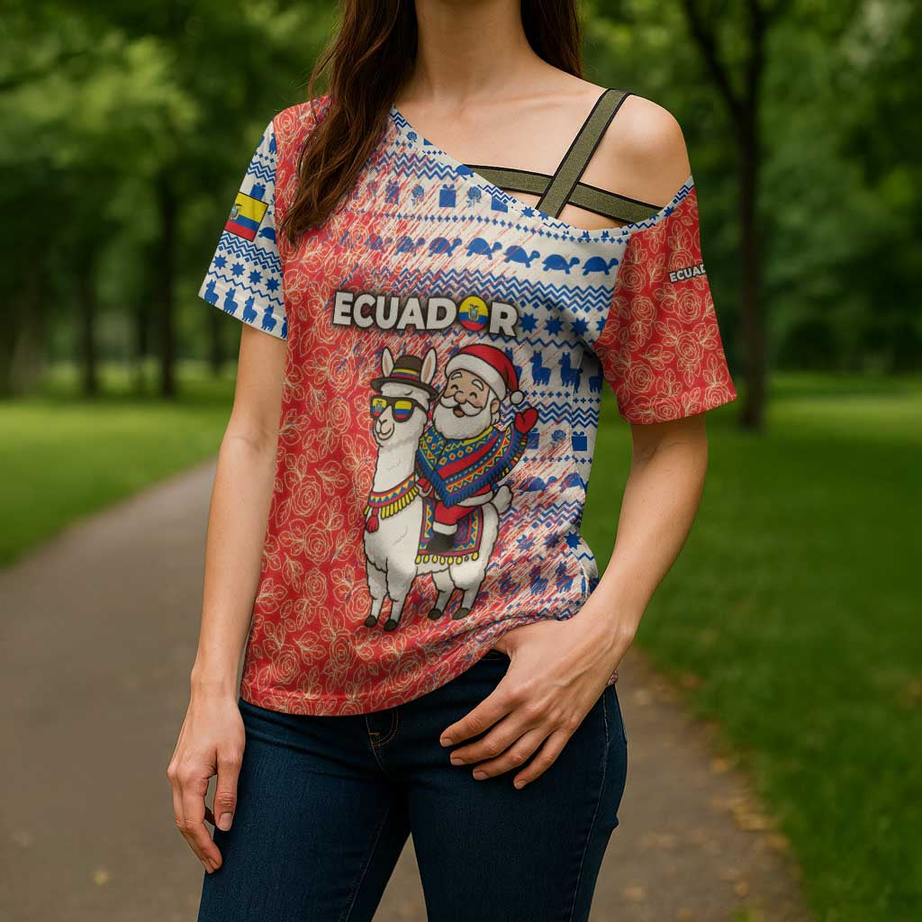 Ecuador Christmas Cross Shoulder Shirt with Santa Riding Llama Traditional Patterns and Rose Design - Wonder Print Shop