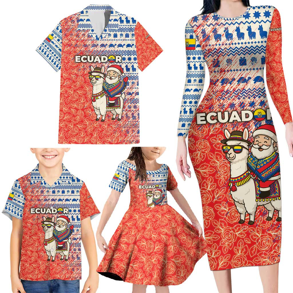 Ecuador Christmas Family Matching Long Sleeve Bodycon Dress and Hawaiian Shirt with Santa Riding Llama Traditional Patterns and Rose Design - Wonder Print Shop