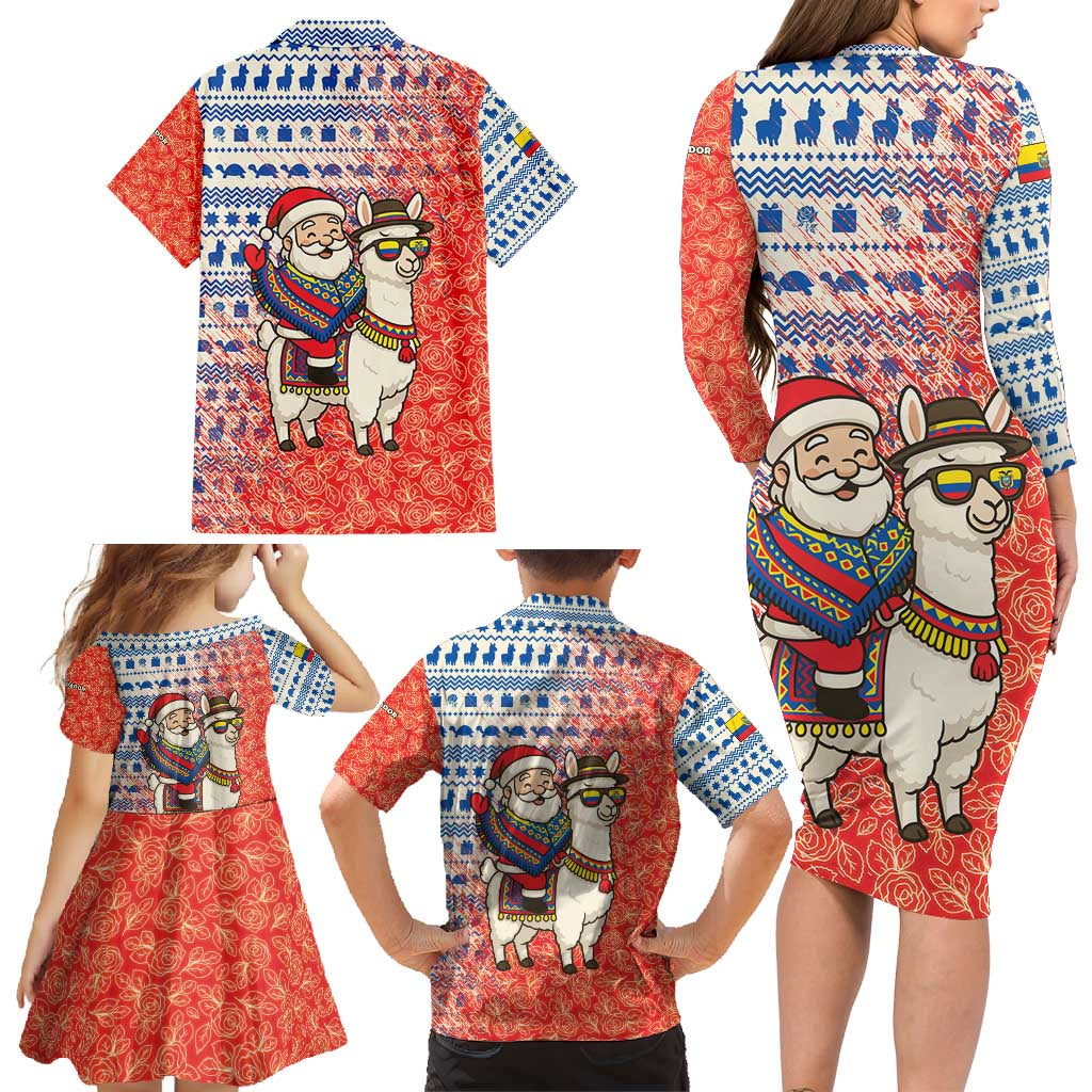 Ecuador Christmas Family Matching Long Sleeve Bodycon Dress and Hawaiian Shirt with Santa Riding Llama Traditional Patterns and Rose Design - Wonder Print Shop