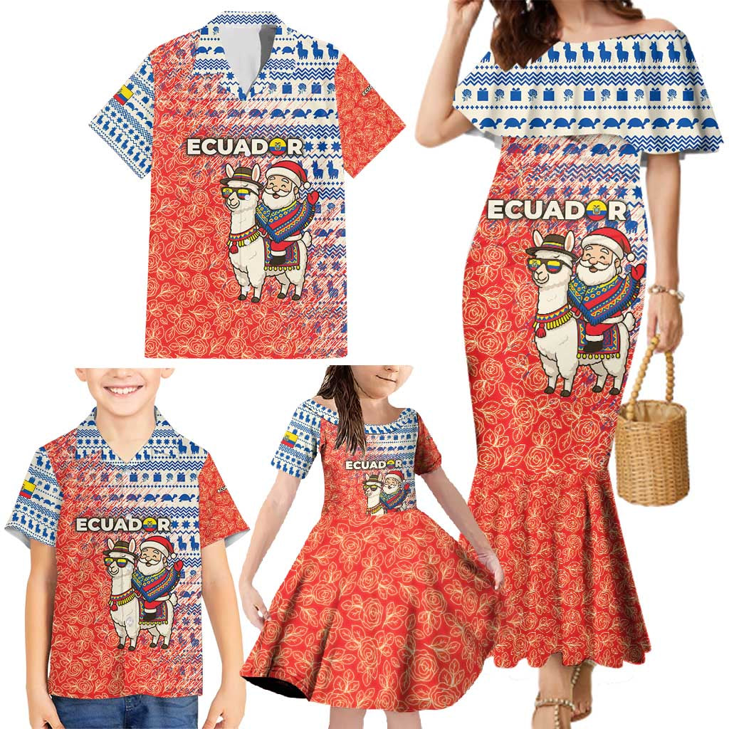 Ecuador Christmas Family Matching Mermaid Dress and Hawaiian Shirt with Santa Riding Llama Traditional Patterns and Rose Design - Wonder Print Shop