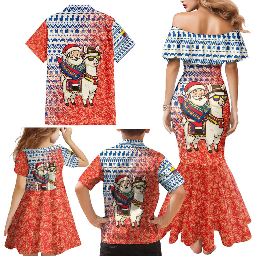 Ecuador Christmas Family Matching Mermaid Dress and Hawaiian Shirt with Santa Riding Llama Traditional Patterns and Rose Design - Wonder Print Shop