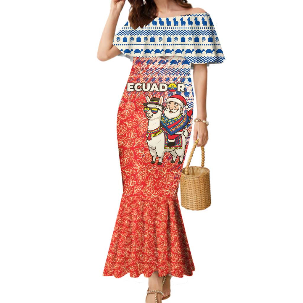 Ecuador Christmas Family Matching Mermaid Dress and Hawaiian Shirt with Santa Riding Llama Traditional Patterns and Rose Design - Wonder Print Shop