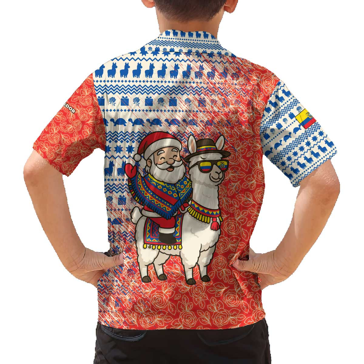 Ecuador Christmas Family Matching Off The Shoulder Long Sleeve Dress and Hawaiian Shirt with Santa Riding Llama Traditional Patterns and Rose Design - Wonder Print Shop
