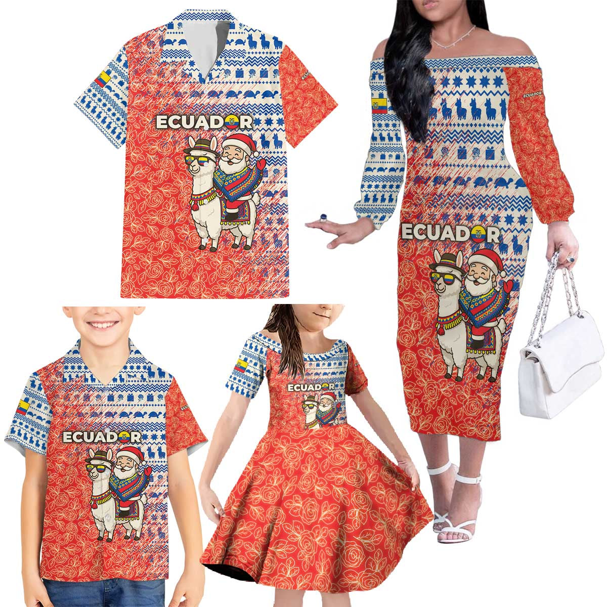 Ecuador Christmas Family Matching Off The Shoulder Long Sleeve Dress and Hawaiian Shirt with Santa Riding Llama Traditional Patterns and Rose Design - Wonder Print Shop