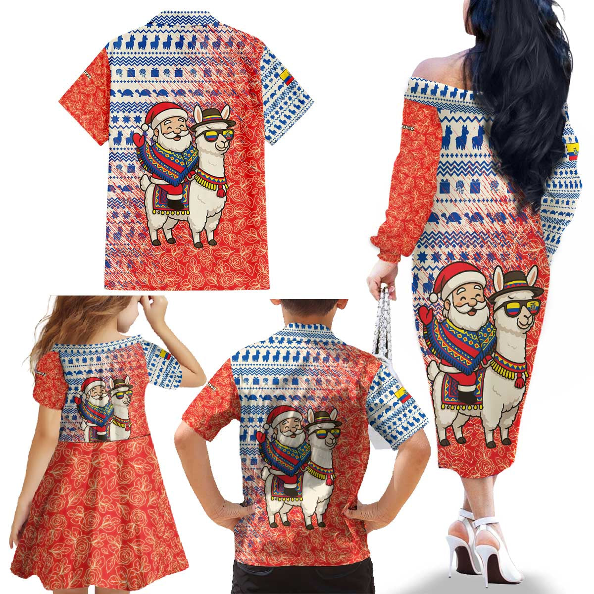 Ecuador Christmas Family Matching Off The Shoulder Long Sleeve Dress and Hawaiian Shirt with Santa Riding Llama Traditional Patterns and Rose Design - Wonder Print Shop