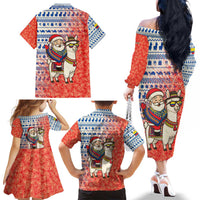 Ecuador Christmas Family Matching Off The Shoulder Long Sleeve Dress and Hawaiian Shirt with Santa Riding Llama Traditional Patterns and Rose Design - Wonder Print Shop