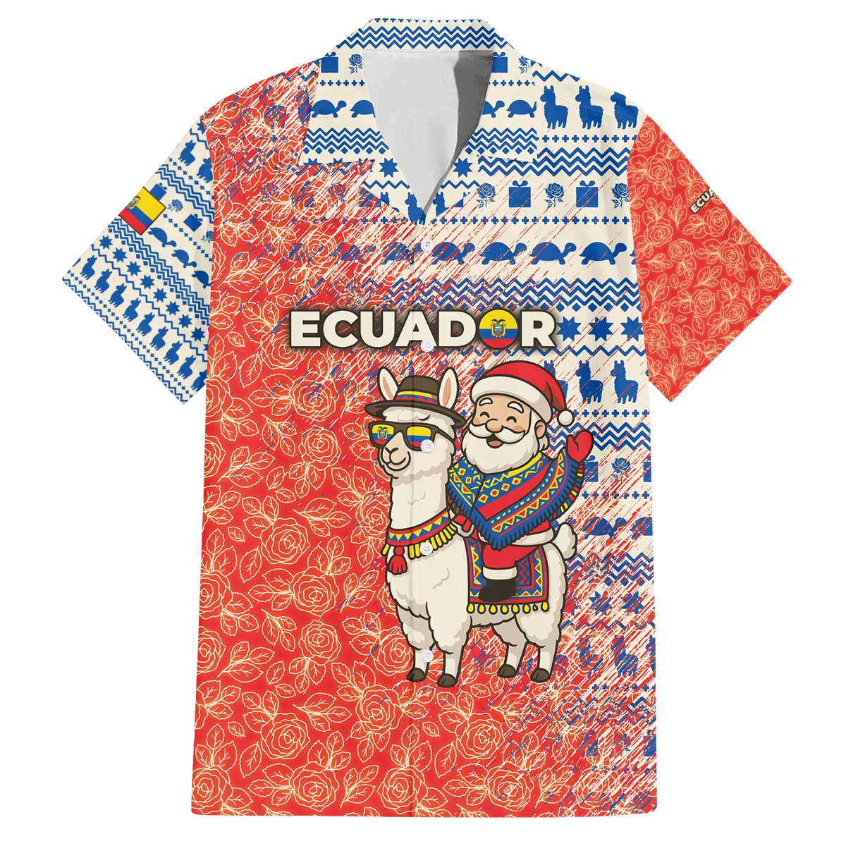 Ecuador Christmas Family Matching Off The Shoulder Long Sleeve Dress and Hawaiian Shirt with Santa Riding Llama Traditional Patterns and Rose Design - Wonder Print Shop