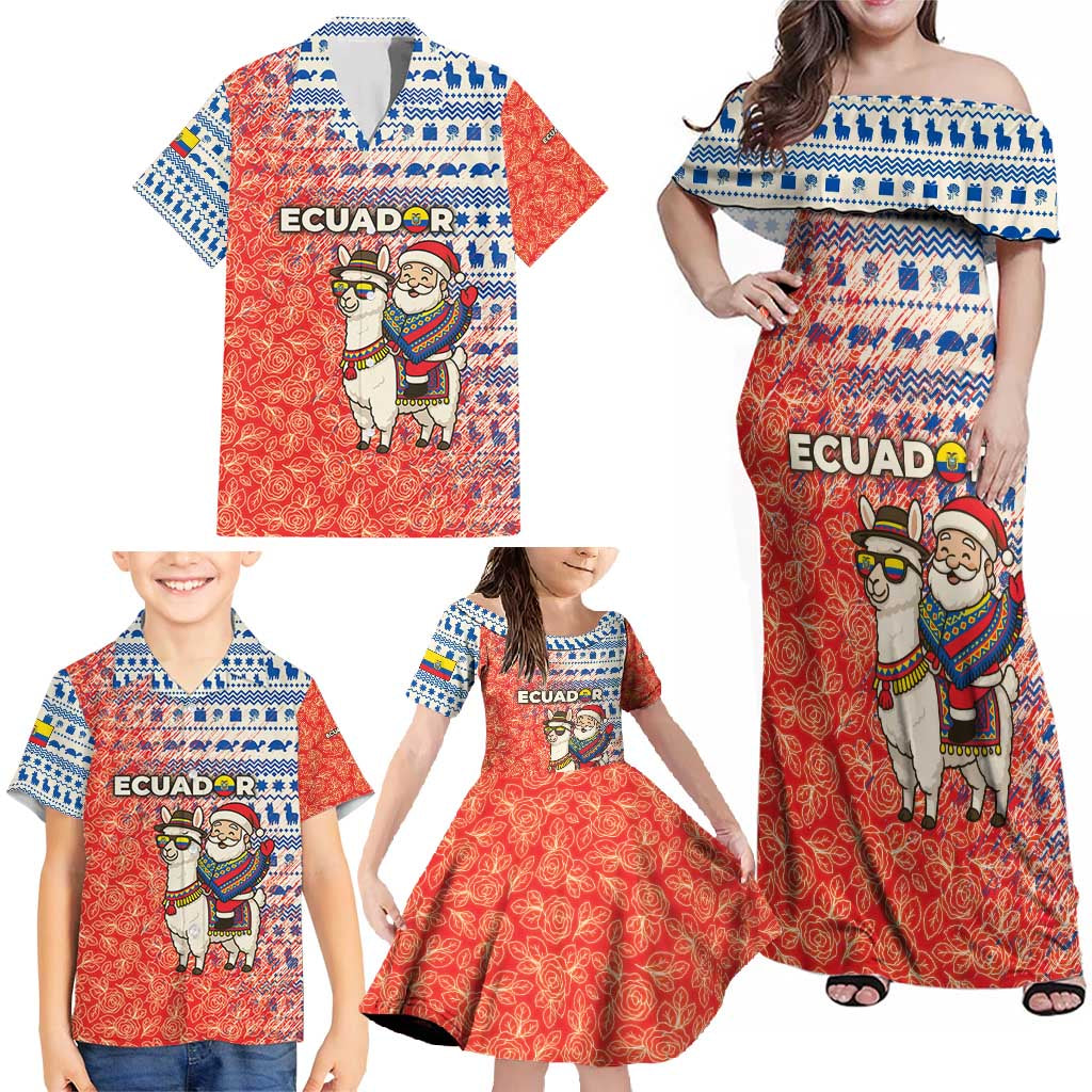 Ecuador Christmas Family Matching Off Shoulder Maxi Dress and Hawaiian Shirt with Santa Riding Llama Traditional Patterns and Rose Design - Wonder Print Shop