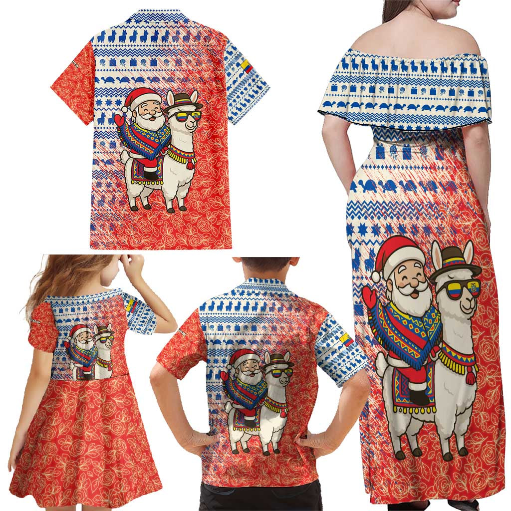 Ecuador Christmas Family Matching Off Shoulder Maxi Dress and Hawaiian Shirt with Santa Riding Llama Traditional Patterns and Rose Design - Wonder Print Shop