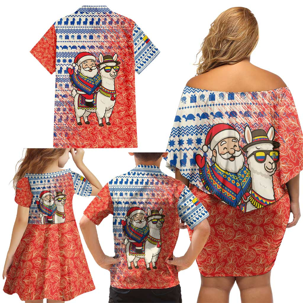 Ecuador Christmas Family Matching Off Shoulder Short Dress and Hawaiian Shirt with Santa Riding Llama Traditional Patterns and Rose Design - Wonder Print Shop