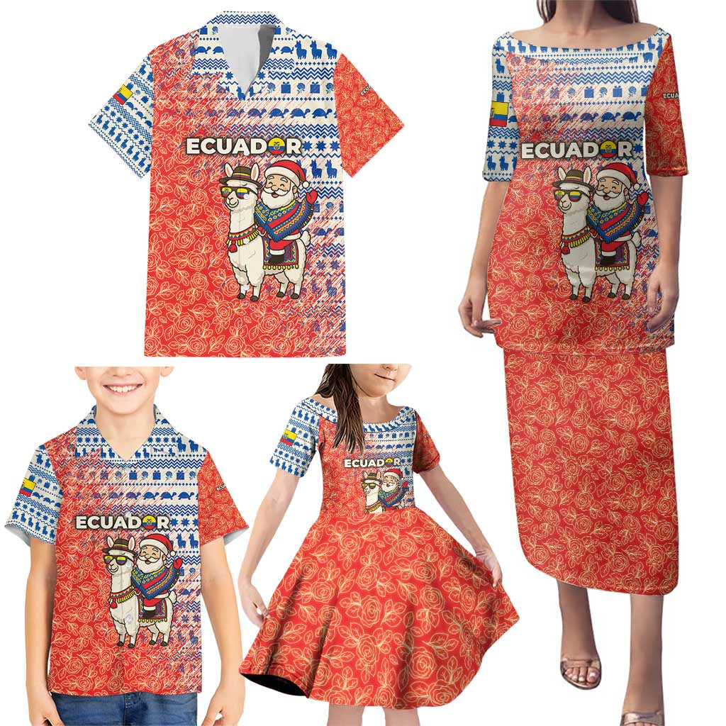 Ecuador Christmas Family Matching Puletasi and Hawaiian Shirt with Santa Riding Llama Traditional Patterns and Rose Design - Wonder Print Shop