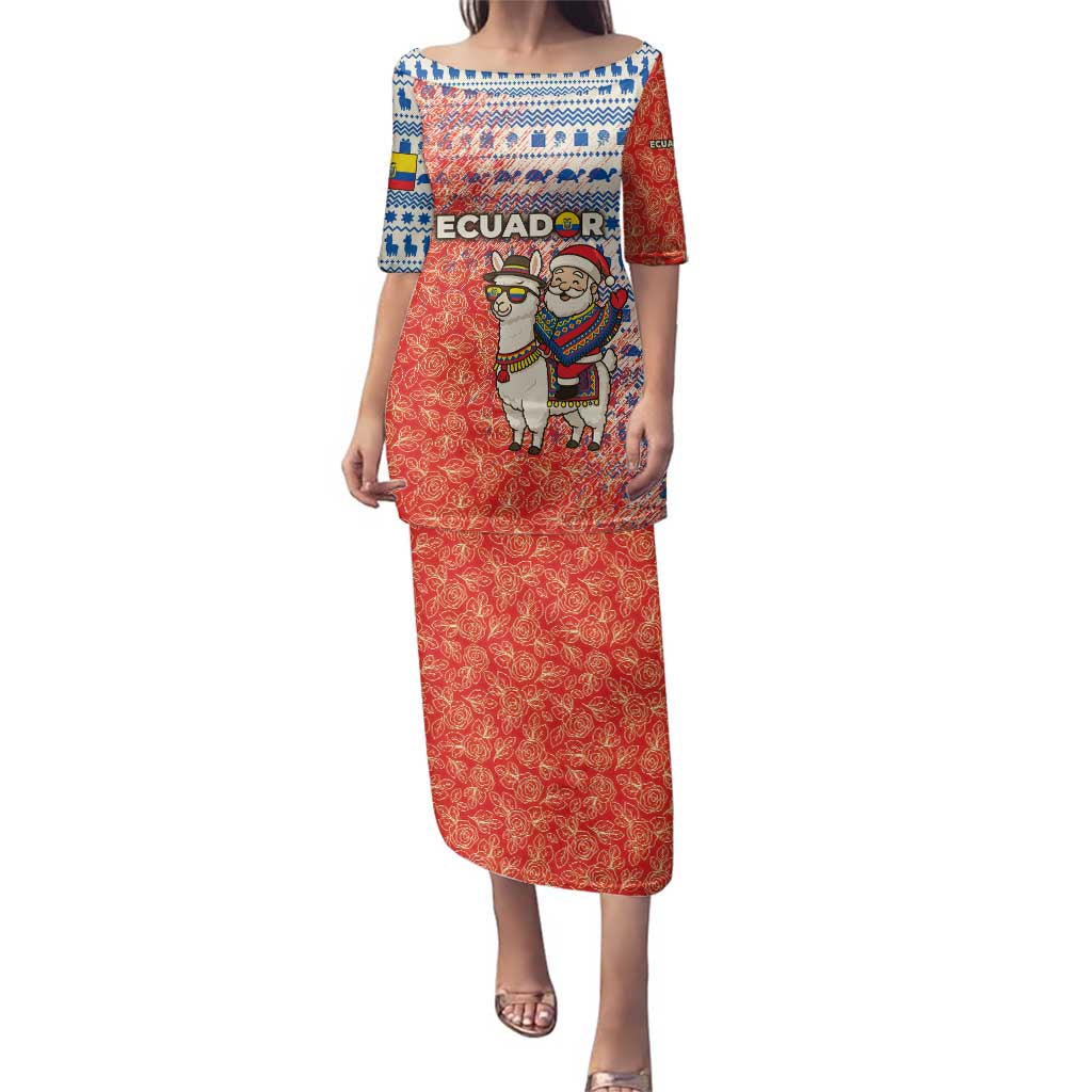 Ecuador Christmas Family Matching Puletasi and Hawaiian Shirt with Santa Riding Llama Traditional Patterns and Rose Design - Wonder Print Shop