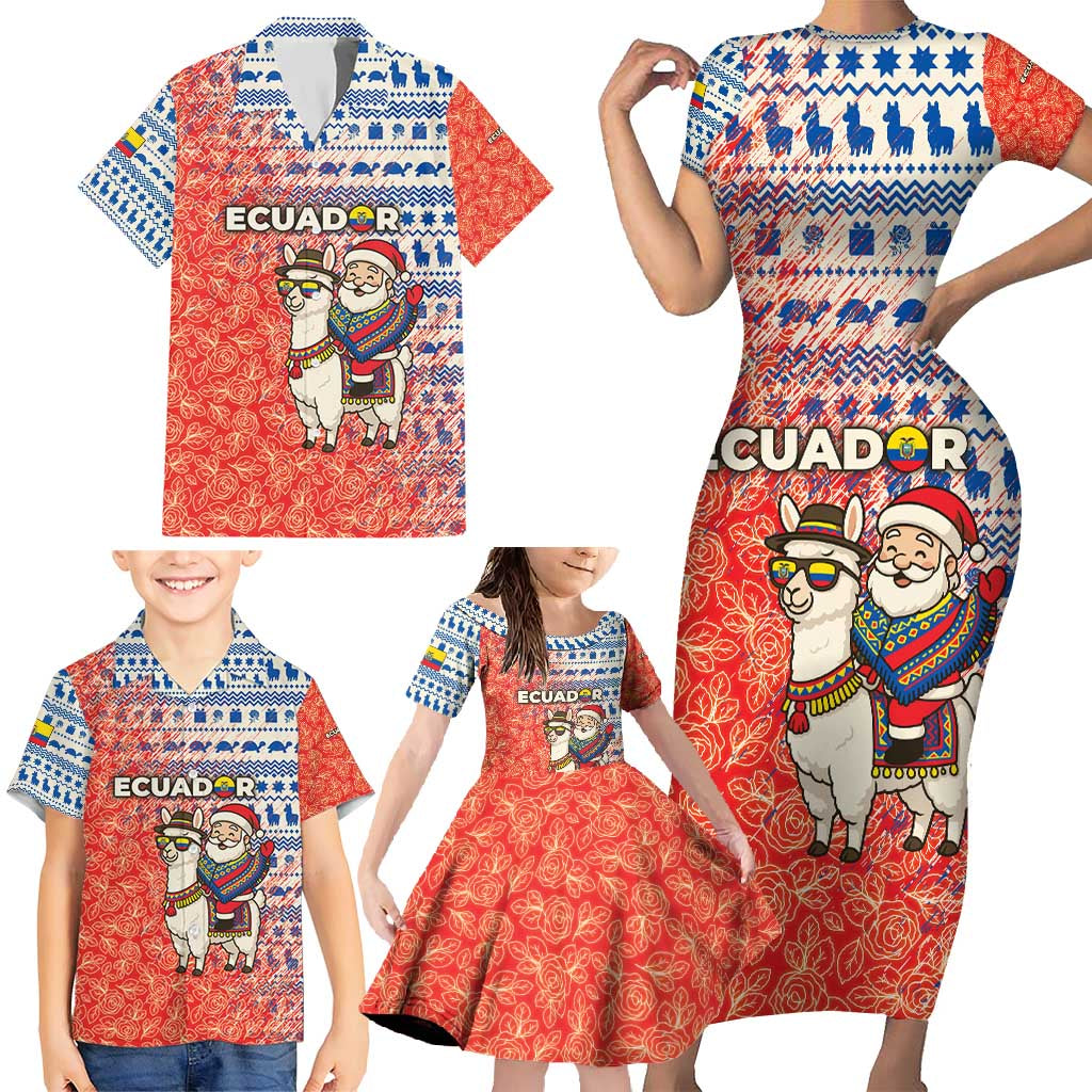 Ecuador Christmas Family Matching Short Sleeve Bodycon Dress and Hawaiian Shirt with Santa Riding Llama Traditional Patterns and Rose Design - Wonder Print Shop