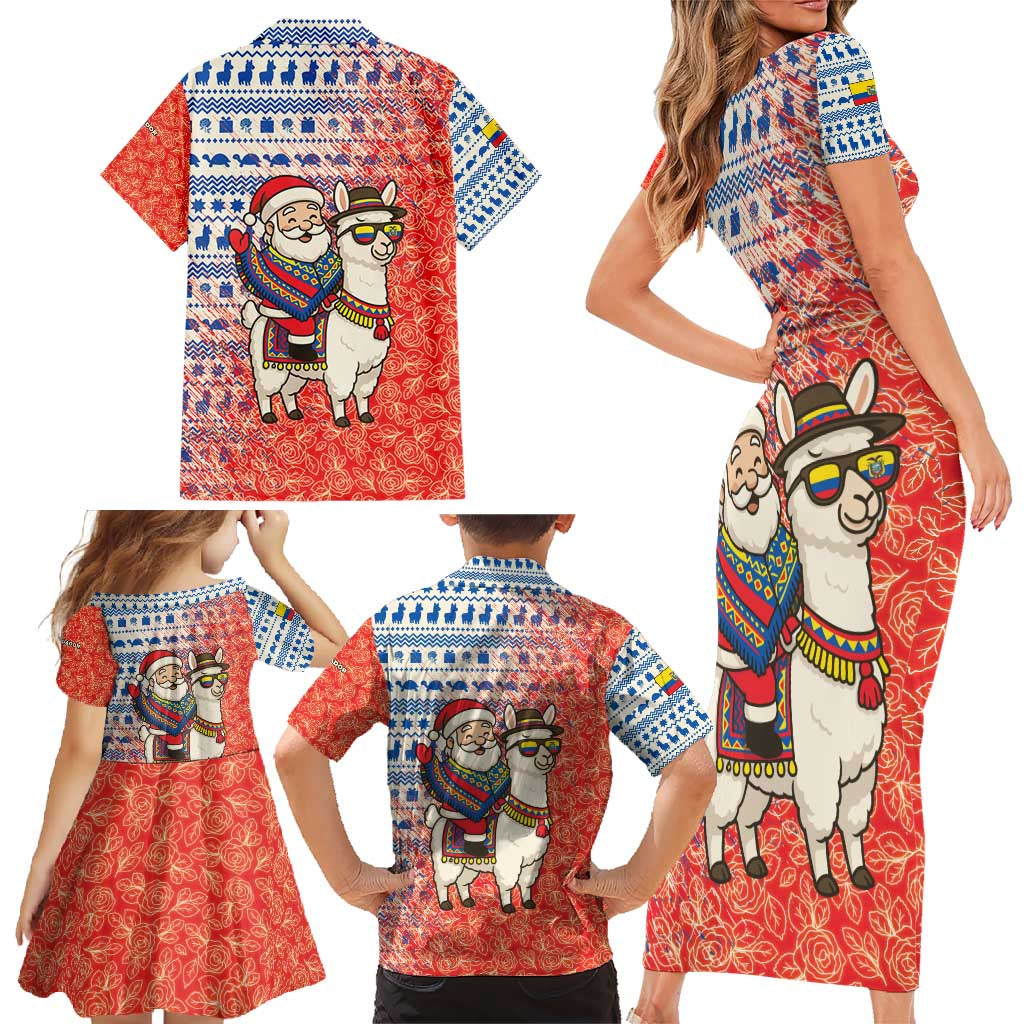 Ecuador Christmas Family Matching Short Sleeve Bodycon Dress and Hawaiian Shirt with Santa Riding Llama Traditional Patterns and Rose Design - Wonder Print Shop