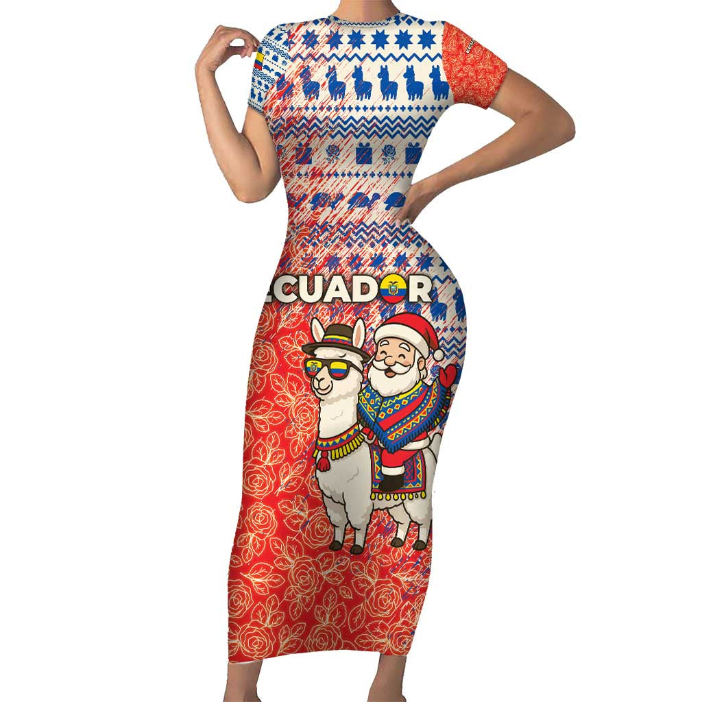 Ecuador Christmas Family Matching Short Sleeve Bodycon Dress and Hawaiian Shirt with Santa Riding Llama Traditional Patterns and Rose Design - Wonder Print Shop