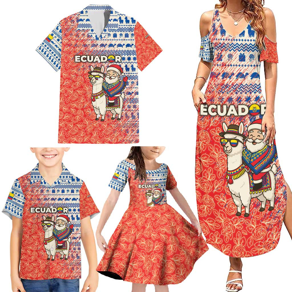 Ecuador Christmas Family Matching Summer Maxi Dress and Hawaiian Shirt with Santa Riding Llama Traditional Patterns and Rose Design - Wonder Print Shop