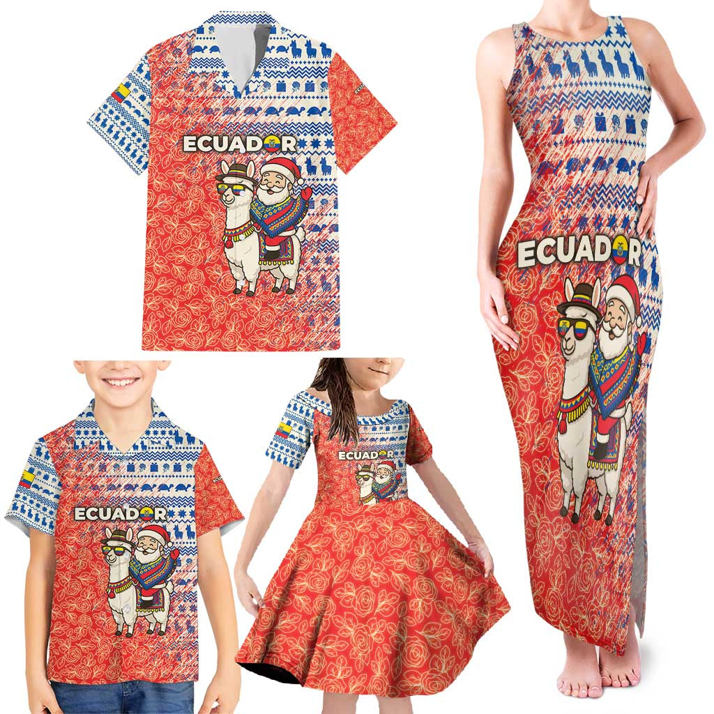 Ecuador Christmas Family Matching Tank Maxi Dress and Hawaiian Shirt with Santa Riding Llama Traditional Patterns and Rose Design - Wonder Print Shop