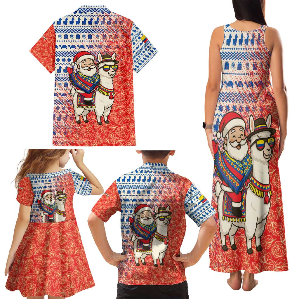 Ecuador Christmas Family Matching Tank Maxi Dress and Hawaiian Shirt with Santa Riding Llama Traditional Patterns and Rose Design - Wonder Print Shop