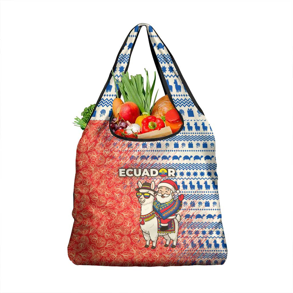 Ecuador Christmas Grocery Bag with Santa Riding Llama Traditional Patterns and Rose Design - Wonder Print Shop