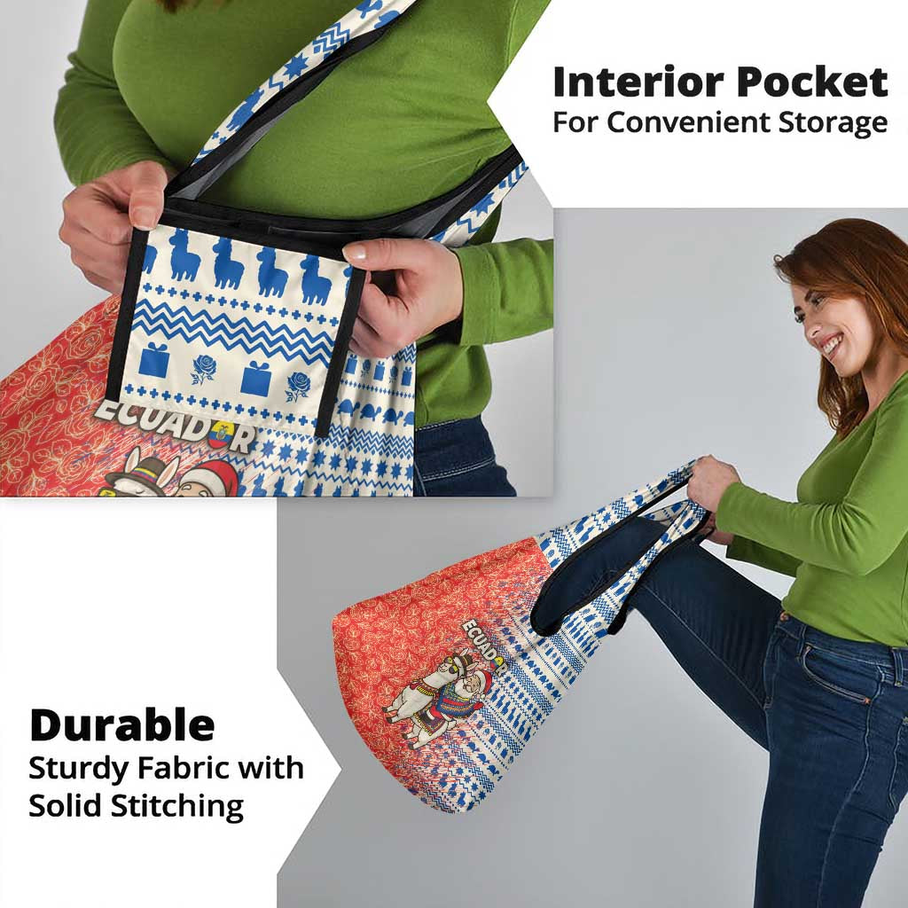 Ecuador Christmas Grocery Bag with Santa Riding Llama Traditional Patterns and Rose Design - Wonder Print Shop