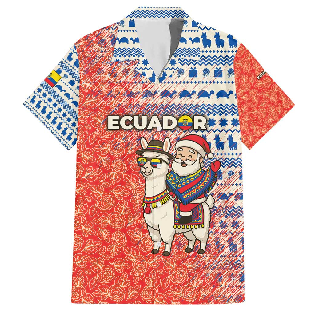 Ecuador Christmas Hawaiian Shirt with Santa Riding Llama Traditional Patterns and Rose Design - Wonder Print Shop