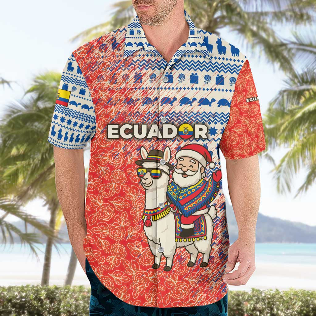 Ecuador Christmas Hawaiian Shirt with Santa Riding Llama Traditional Patterns and Rose Design - Wonder Print Shop