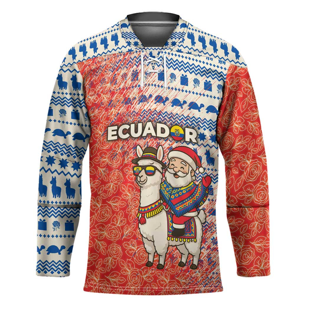 Ecuador Christmas Hockey Jersey with Santa Riding Llama Traditional Patterns and Rose Design - Wonder Print Shop