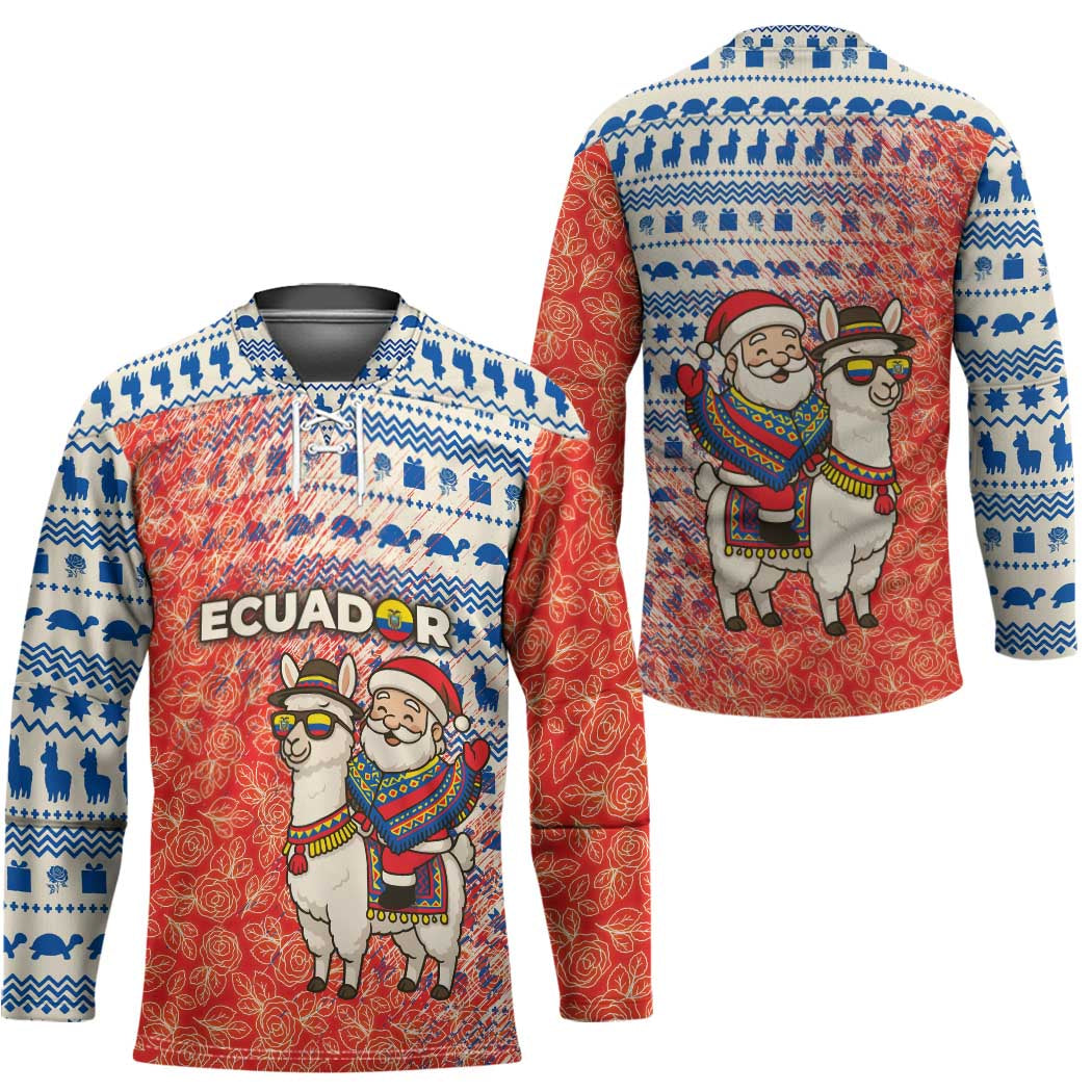 Ecuador Christmas Hockey Jersey with Santa Riding Llama Traditional Patterns and Rose Design - Wonder Print Shop