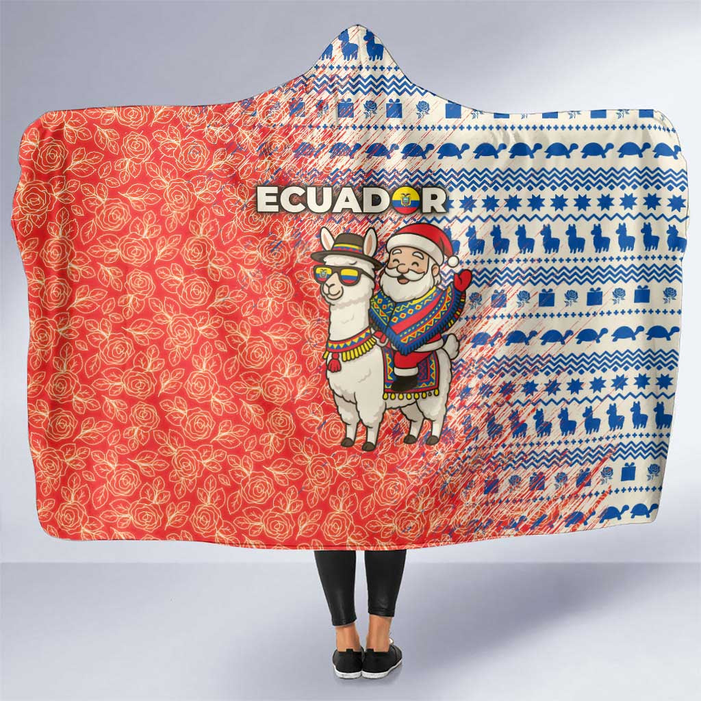 Ecuador Christmas Hooded Blanket with Santa Riding Llama Traditional Patterns and Rose Design - Wonder Print Shop