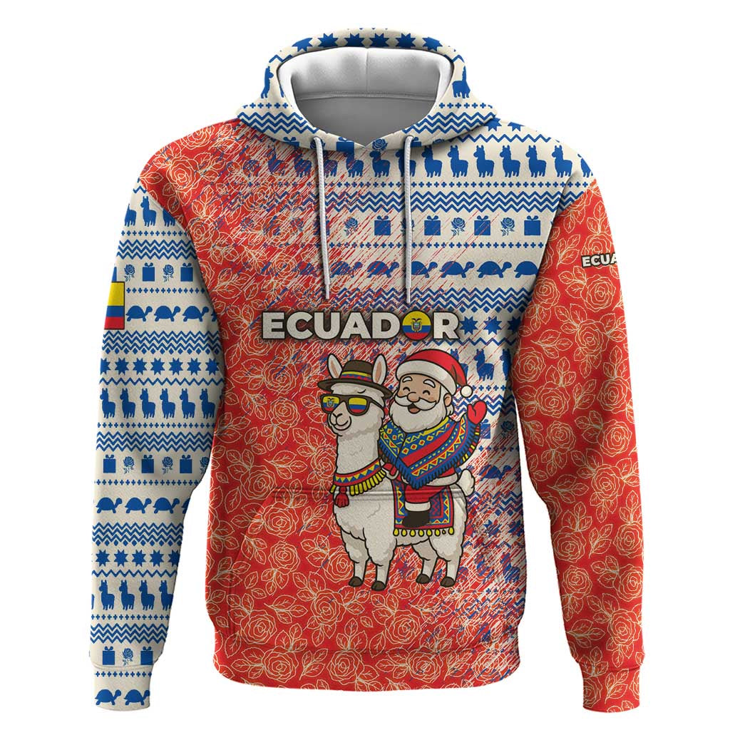 Ecuador Christmas Hoodie with Santa Riding Llama Traditional Patterns and Rose Design - Wonder Print Shop