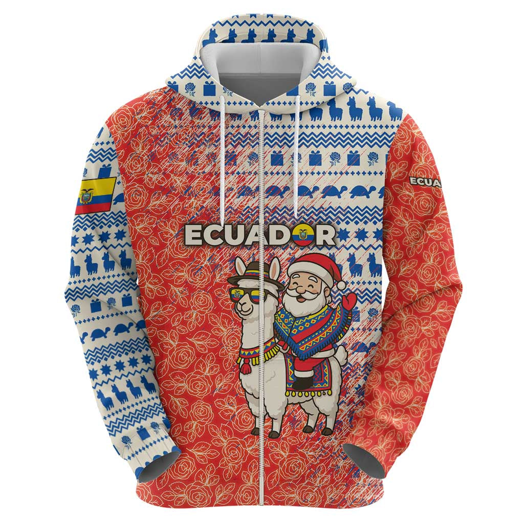 Ecuador Christmas Hoodie with Santa Riding Llama Traditional Patterns and Rose Design - Wonder Print Shop