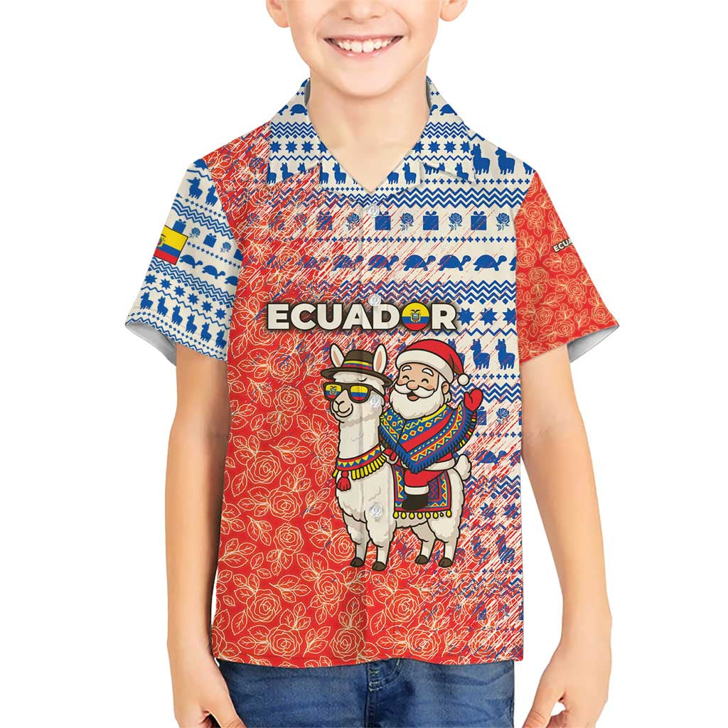 Ecuador Christmas Kid Hawaiian Shirt with Santa Riding Llama Traditional Patterns and Rose Design - Wonder Print Shop