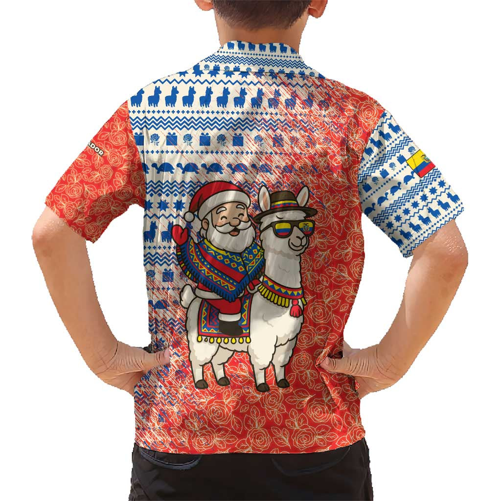 Ecuador Christmas Kid Hawaiian Shirt with Santa Riding Llama Traditional Patterns and Rose Design - Wonder Print Shop