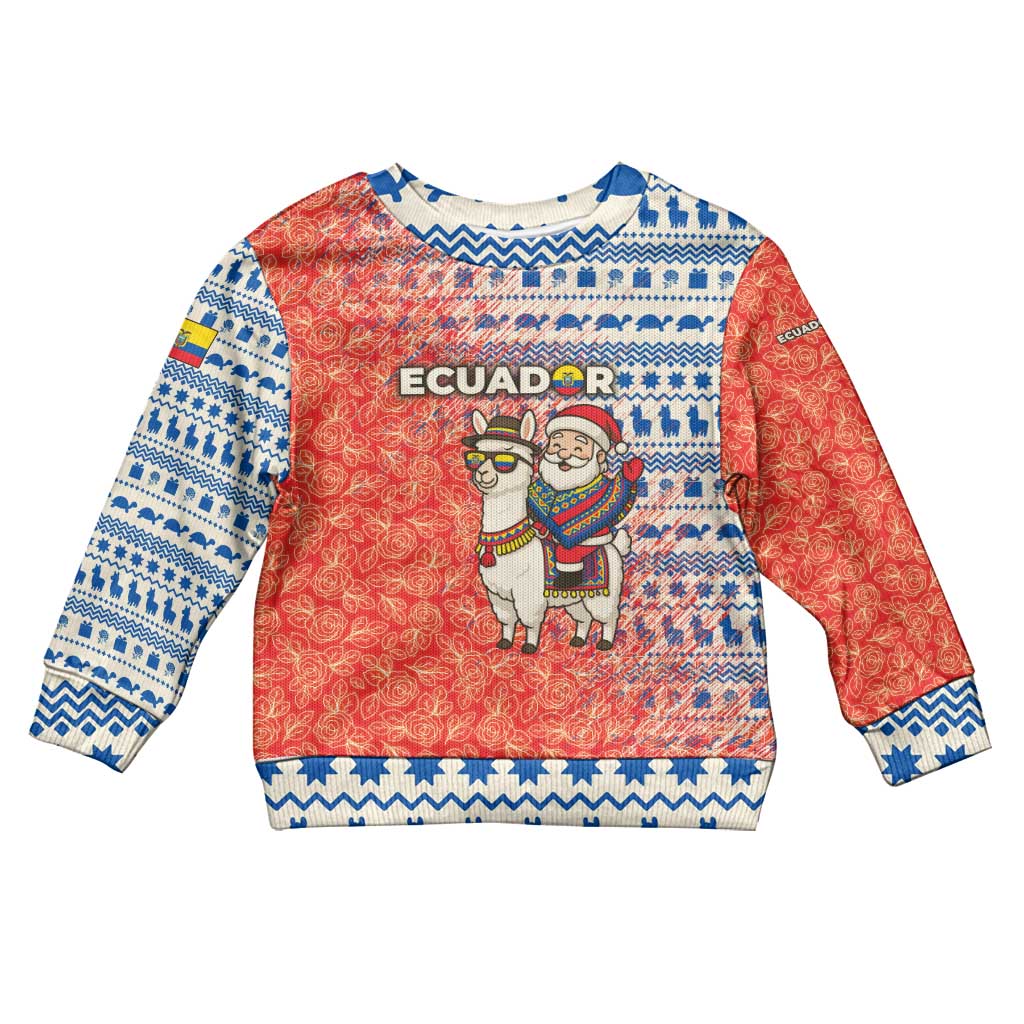 Ecuador Christmas Kid Ugly Christmas Sweater with Santa Riding Llama Traditional Patterns and Rose Design - Wonder Print Shop