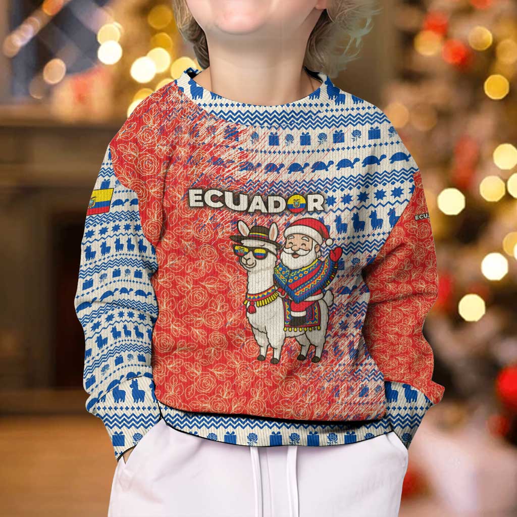 Ecuador Christmas Kid Ugly Christmas Sweater with Santa Riding Llama Traditional Patterns and Rose Design - Wonder Print Shop