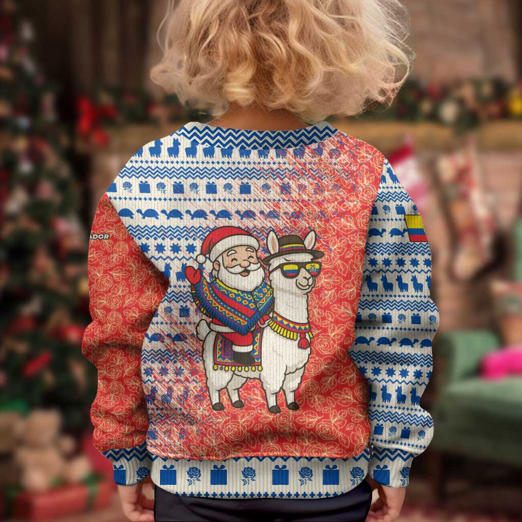 Ecuador Christmas Kid Ugly Christmas Sweater with Santa Riding Llama Traditional Patterns and Rose Design - Wonder Print Shop