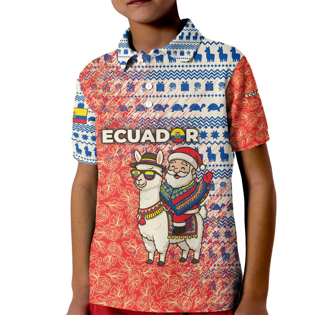 Ecuador Christmas Kid Polo Shirt with Santa Riding Llama Traditional Patterns and Rose Design - Wonder Print Shop