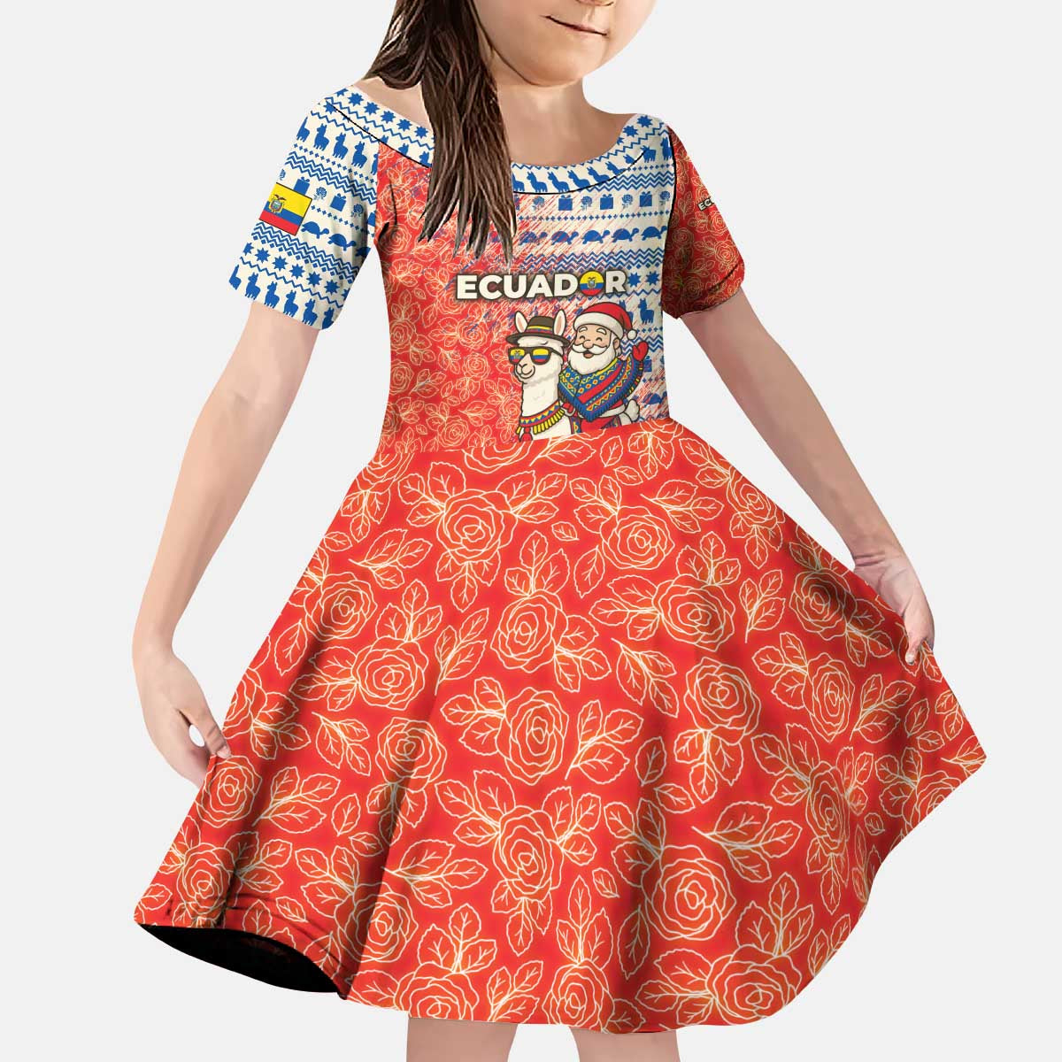 Ecuador Christmas Kid Short Sleeve Dress with Santa Riding Llama Traditional Patterns and Rose Design - Wonder Print Shop