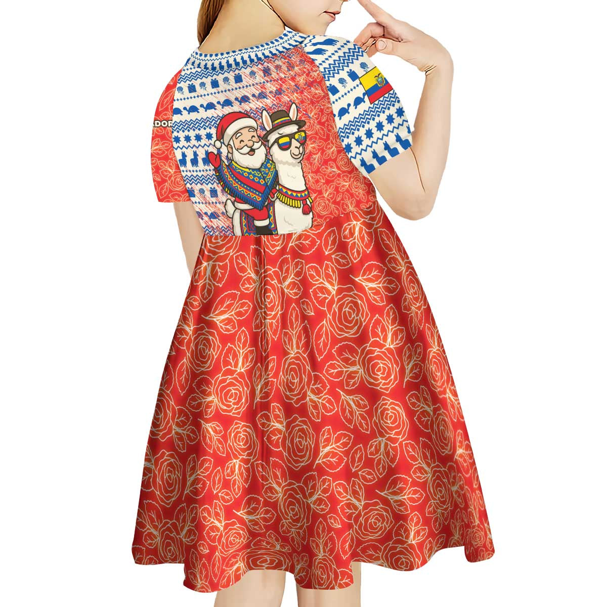 Ecuador Christmas Kid Short Sleeve Dress with Santa Riding Llama Traditional Patterns and Rose Design - Wonder Print Shop