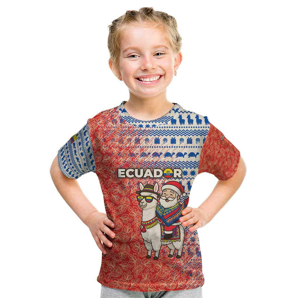 Ecuador Christmas Kid T Shirt with Santa Riding Llama Traditional Patterns and Rose Design - Wonder Print Shop