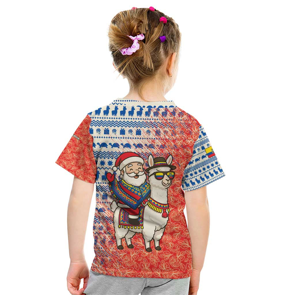 Ecuador Christmas Kid T Shirt with Santa Riding Llama Traditional Patterns and Rose Design - Wonder Print Shop