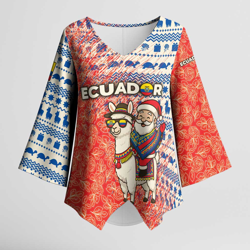 Ecuador Christmas Kimono Sleeve Blouse with Santa Riding Llama Traditional Patterns and Rose Design - Wonder Print Shop