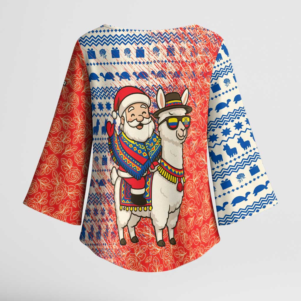 Ecuador Christmas Kimono Sleeve Blouse with Santa Riding Llama Traditional Patterns and Rose Design - Wonder Print Shop