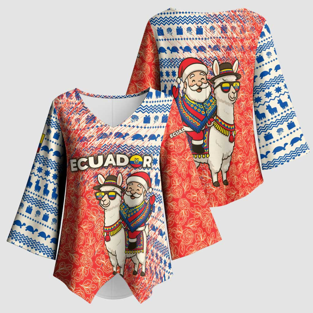 Ecuador Christmas Kimono Sleeve Blouse with Santa Riding Llama Traditional Patterns and Rose Design - Wonder Print Shop