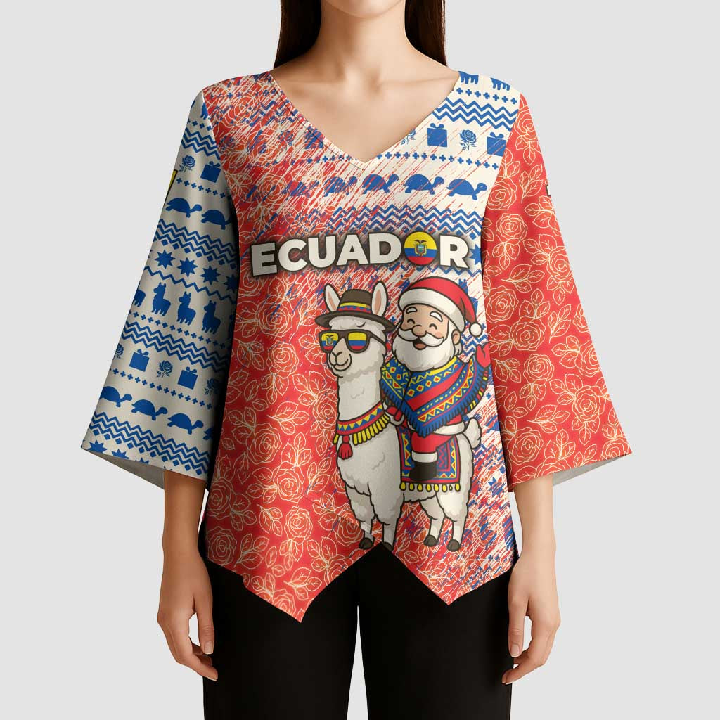 Ecuador Christmas Kimono Sleeve Blouse with Santa Riding Llama Traditional Patterns and Rose Design - Wonder Print Shop