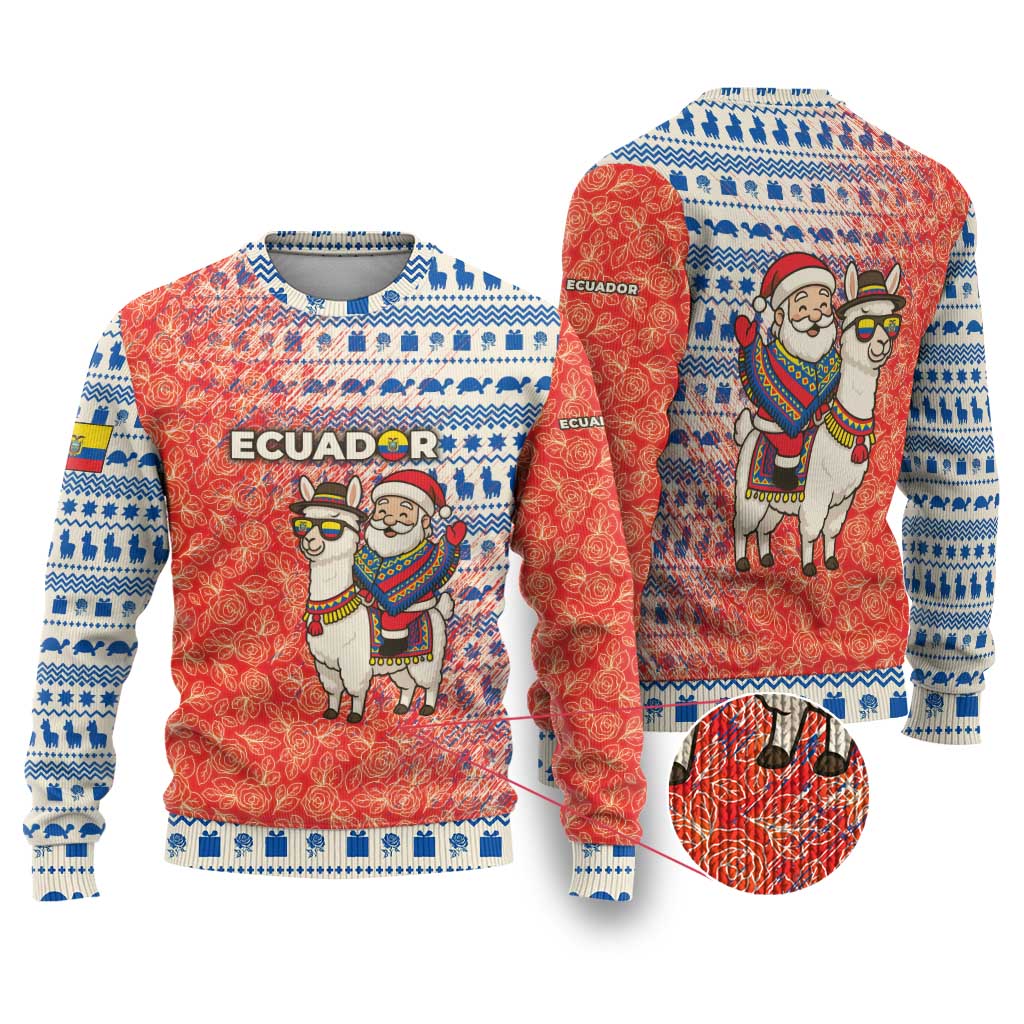 Ecuador Christmas Ugly Christmas Sweater with Santa Riding Llama Traditional Patterns and Rose Design - Wonder Print Shop