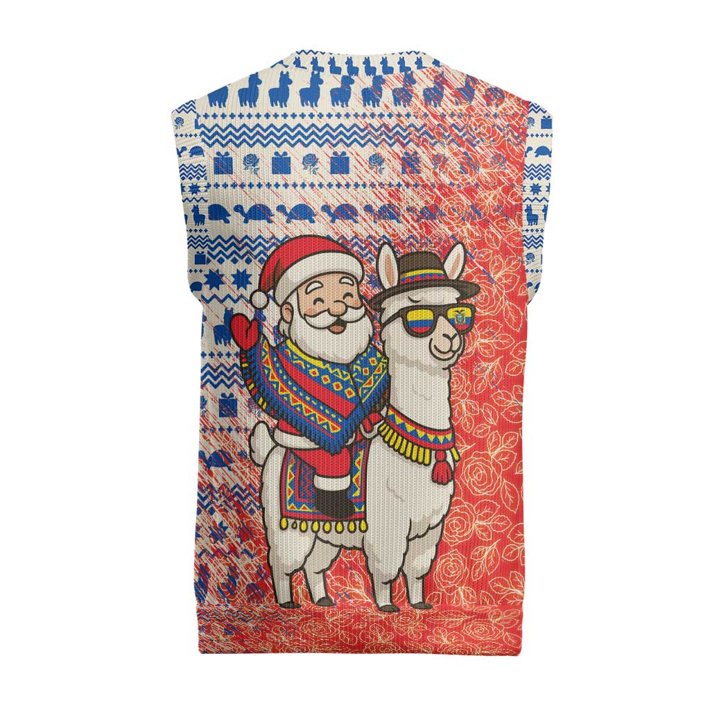 Ecuador Christmas Knitted V-Neck Vest with Santa Riding Llama Traditional Patterns and Rose Design - Wonder Print Shop