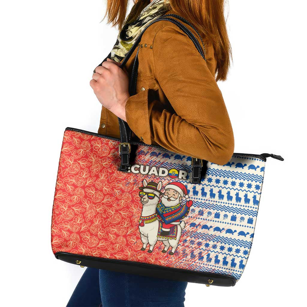 Ecuador Christmas Leather Tote Bag with Santa Riding Llama Traditional Patterns and Rose Design - Wonder Print Shop