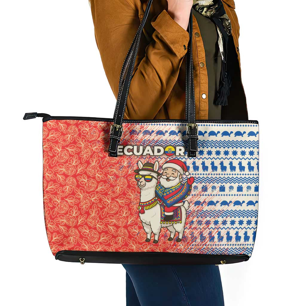 Ecuador Christmas Leather Tote Bag with Santa Riding Llama Traditional Patterns and Rose Design - Wonder Print Shop